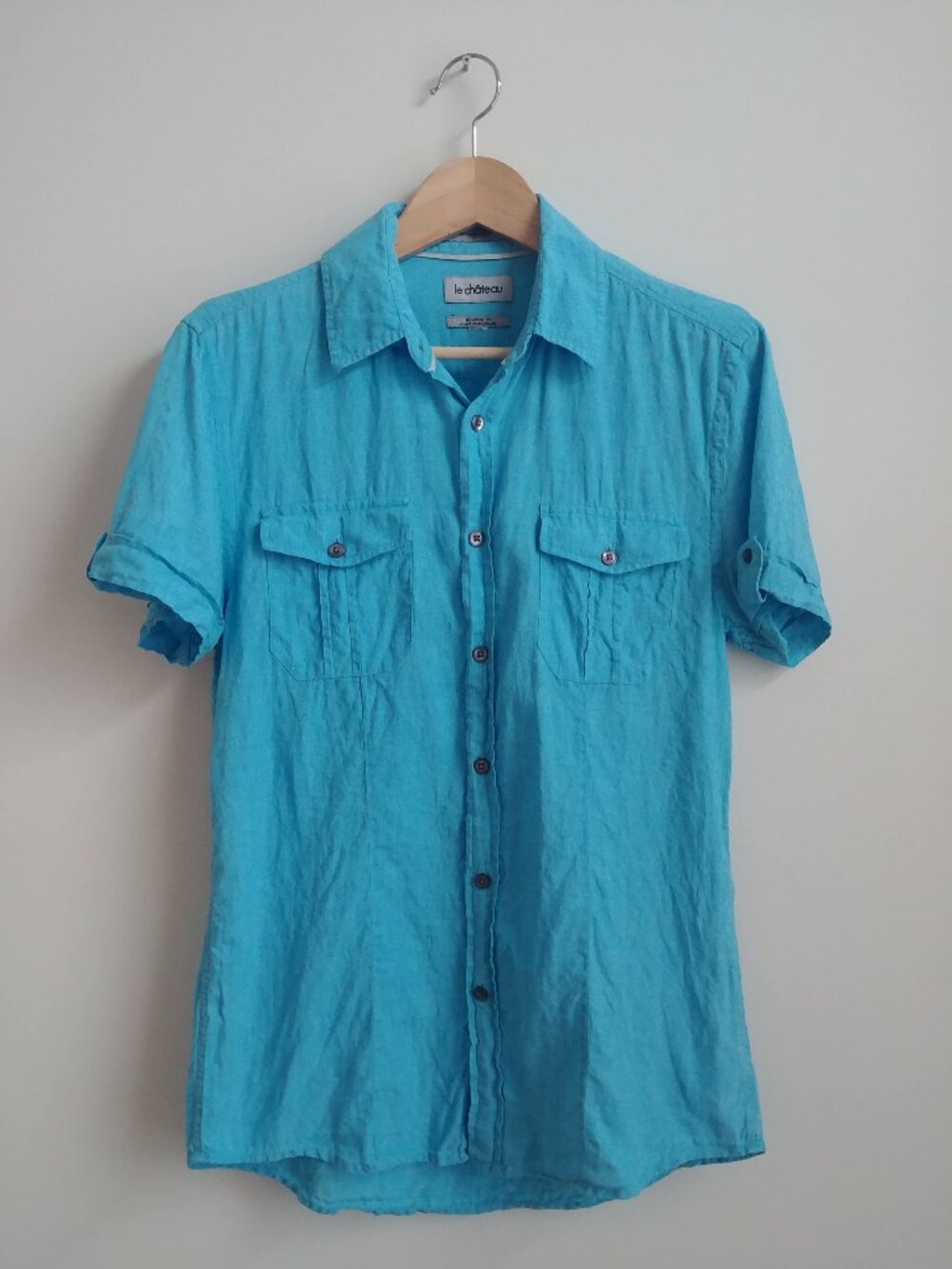 100% linen bright blue Men's linen shirt tailored fit approx Small